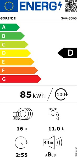 Beépíthető mosogatógép GORENJE GV643D60 Energia címke