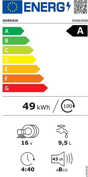 Built-in Dishwasher GORENJE GV663A66 Energy label