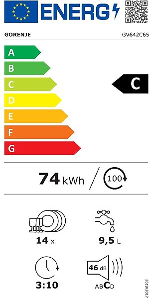 Built-in Dishwasher GORENJE GV642C65 Energy label