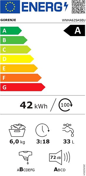 Keskeny gőzmosógép GORENJE WNHA62SASEU Energia címke