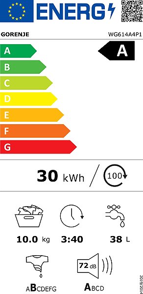 Steam Washing Machine GORENJE WG614A4P1 FastWashPro Energy label
