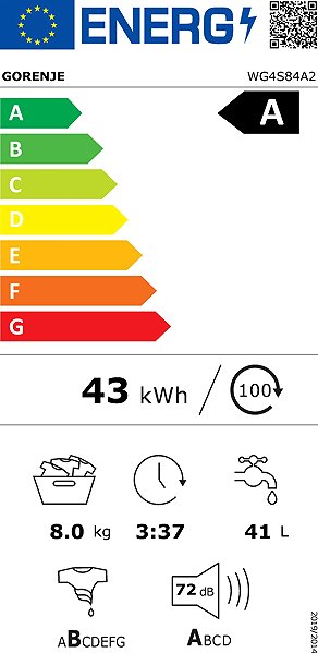 Slim steam washing machine GORENJE WG4S84A2 Ultra Clean Energy label