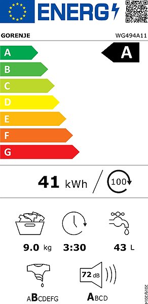 Steam Washing Machine GORENJE WG494A11 UltraClean Energy label