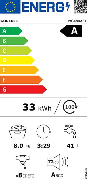 Steam Washing Machine GORENJE WG484A31 UltraClean Energy label