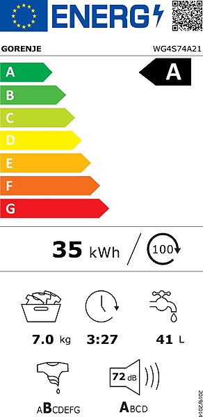 Slim steam washing machine GORENJE WG4S74A21 UltraClean Energy label