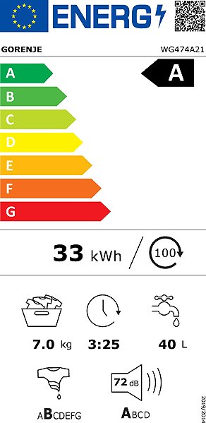 Steam Washing Machine GORENJE WG474A21 UltraClean Energy label
