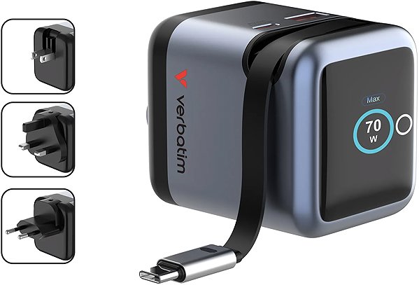 Töltő adapter Verbatim GaN-70 Mini 70W töltő, kijelző, beépített kábel ...