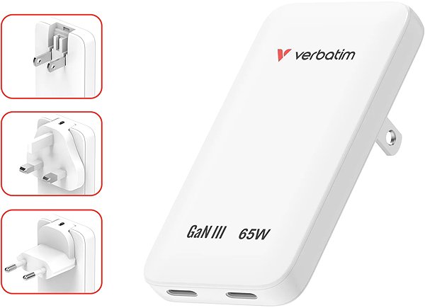 Töltő adapter Verbatim Essentials Slim GaN töltő 65W, US/EU/UK, 2× USB-C - PD, 65W, fehér ...