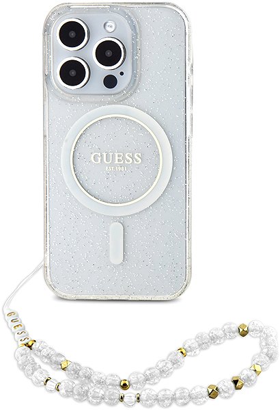 Handyhülle Guess IML Glitter Pearl Strap MagSafe Rückseiten-Hülle für iPhone 15 Pro Max Transparent ...