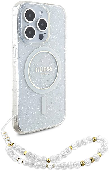 Handyhülle Guess IML Glitter Pearl Strap MagSafe Rückseiten-Hülle für iPhone 15 Pro Max Transparent ...