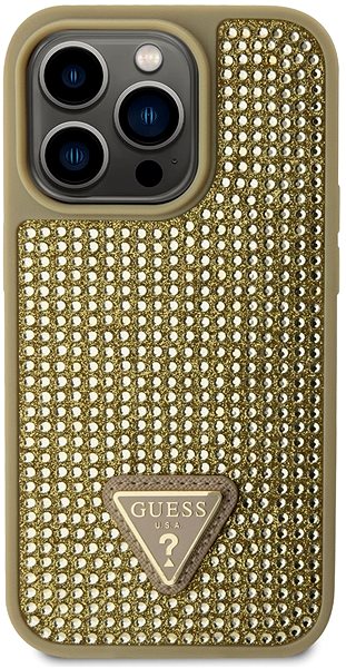 Kryt na mobil Guess Rhinestones Triangle Metal logo kryt pre iPhone 14 Pro Gold ...