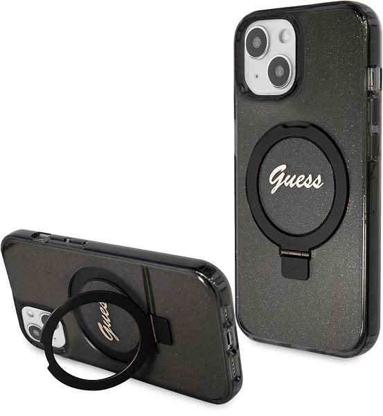 Handyhülle Guess IML Ring Stand Glitter MagSafe Back Cover für iPhone 15 Schwarz ...