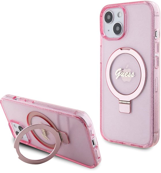 Handyhülle Guess IML Ring Stand Glitter MagSafe Back Cover für iPhone 15 Pink ...