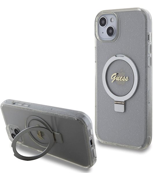 Telefon tok Guess IML Ring Stand Glitter iPhone 15 Plus MagSafe átlátszó tok ...