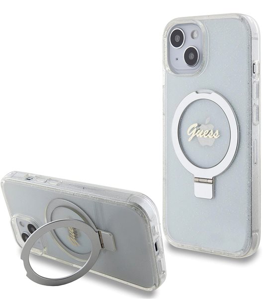 Telefon tok Guess IML Ring Stand Glitter iPhone 15 MagSafe átlátszó tok ...