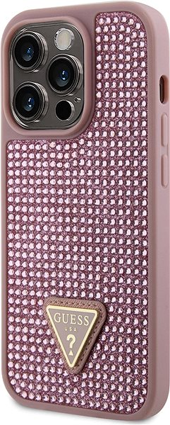 Telefon tok Guess Rhinestones Triangle Metal Logo iPhone 15 Pro rózsaszín tok ...