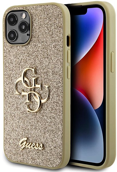 Telefon tok Guess Fixed Glitter 4G Metal Logo iPhone 12/12 Pro aranyszín PU hátlap tok ...