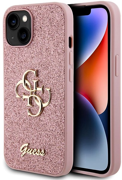 Telefon tok Guess Fixed Glitter 4G Metal Logo iPhone 13 rózsaszín PU hátlap tok ...
