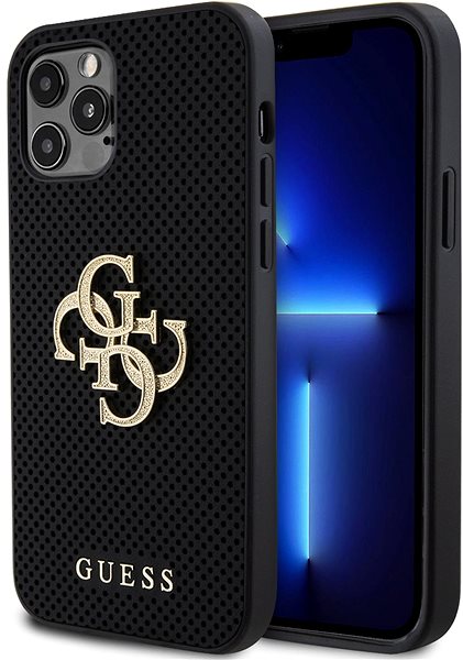 Telefon tok Guess Perforated 4G Glitter Metal Logo iPhone 12/12 Pro fekete PU hátlap tok ...