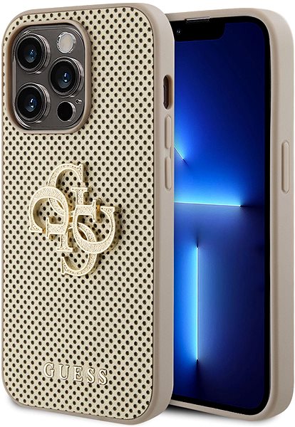 Telefon tok Guess Perforated 4G Glitter Metal Logo iPhone 14 Pro aranyszín PU hátlap tok ...