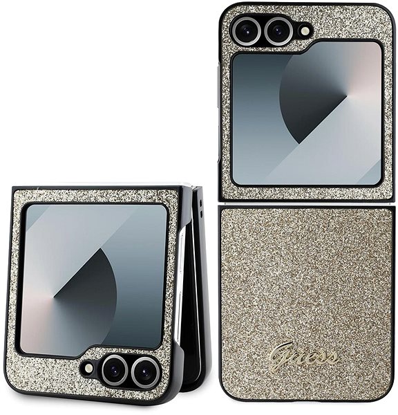Handyhülle Guess PC/TPU Glitter Flakes Metal Logo Bck Cover für das Samsung Galaxy Z Flip6 Gold ...
