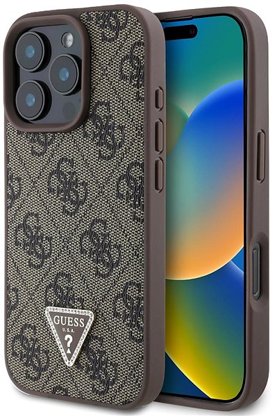 Kryt na mobil Guess PU 4G Strass Triangle Metal Logo Zadný Kryt na iPhone 16 Pro Brown ...