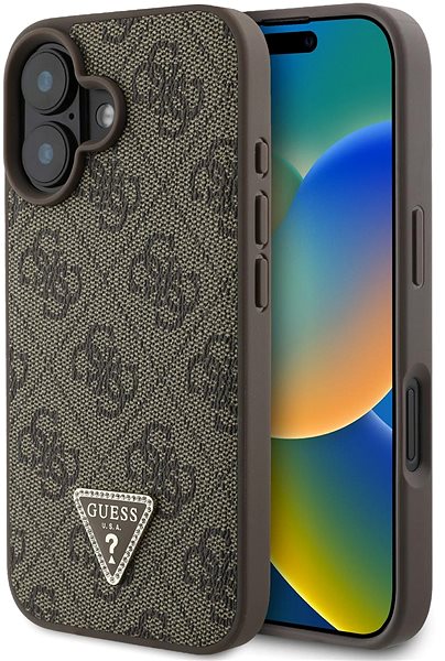 Handyhülle Guess PU 4G Strass Dreieck Metall Logo Back Cover für iPhone 16 Braun ...