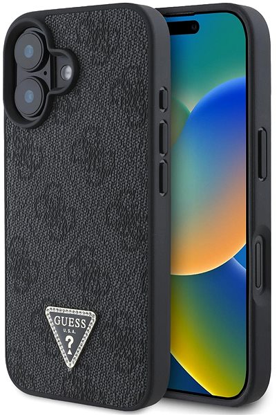 Handyhülle Guess PU 4G Strass Triangle Metal Logo Back Cover für das iPhone 16 Black ...