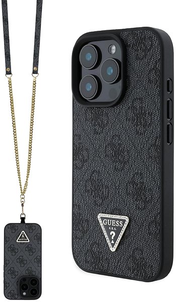 Telefon tok Guess PU 4G Strass Triangle Metal Logo + Crossbody iPhone 16 Pro Max Black tok ...