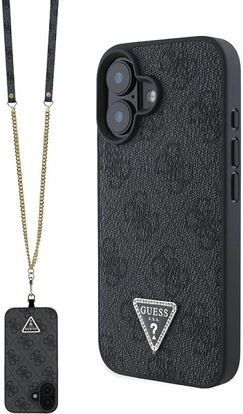 Telefon tok Guess PU 4G Strass Triangle Metal Logo + Crossbody iPhone 16 Black tok ...
