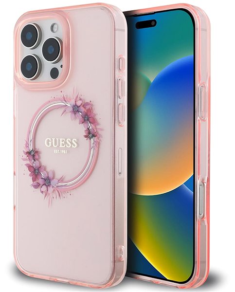 Handyhülle Guess IML Blumen Ring MagSafe Back Cover für iPhone 16 Pro Max Rosa ...