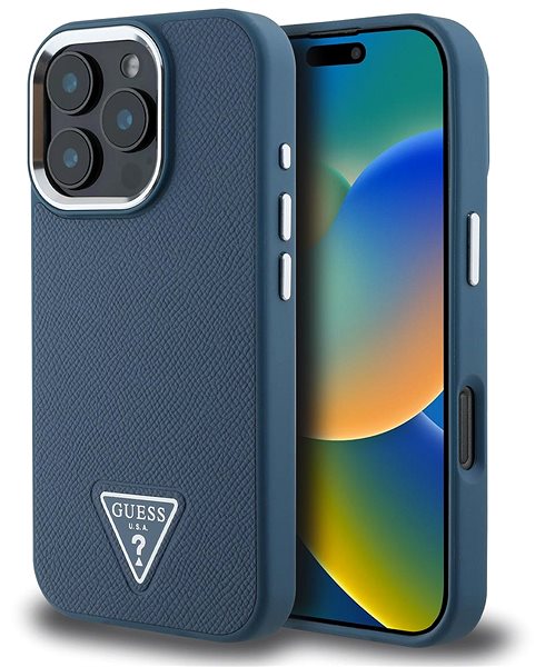Handyhülle Guess PU Grained Triangle Logo Back Cover für das iPhone 16 Pro Blue ...