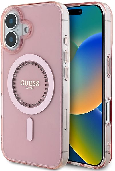 Handyhülle Guess IML Rhinestones Ring MagSafe Back Cover für das iPhone 16 Pink ...