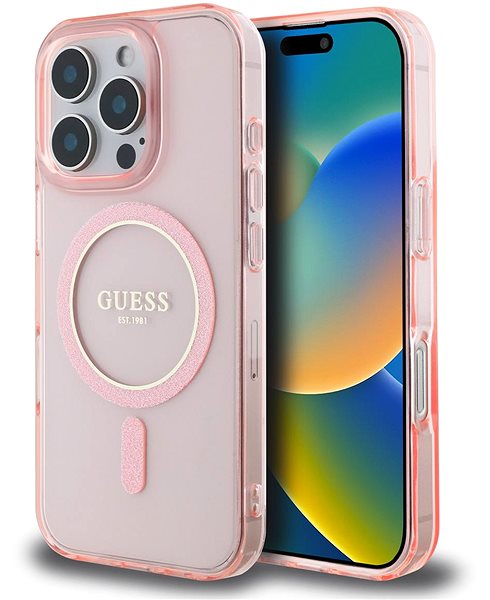 Handyhülle Guess IML Glitter Ring MagSafe Back Cover für das iPhone 16 Pro Max Pink ...