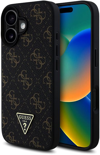 Handyhülle Guess PU Leather 4G Triangle Metal Logo Rückabdeckung für iPhone 16 Black ...