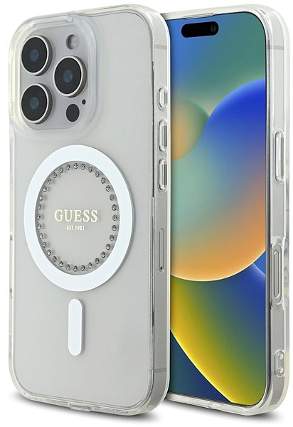 Handyhülle Guess IML Rhinestones Ring MagSafe Rückabdeckung für iPhone 16 Pro White ...