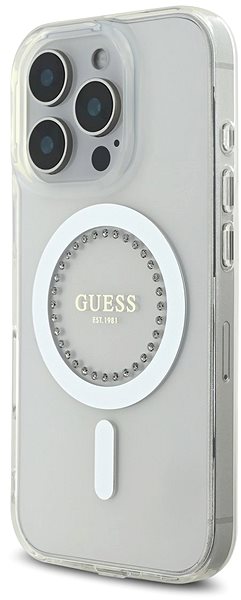 Handyhülle Guess IML Rhinestones Ring MagSafe Rückabdeckung für iPhone 16 Pro White ...