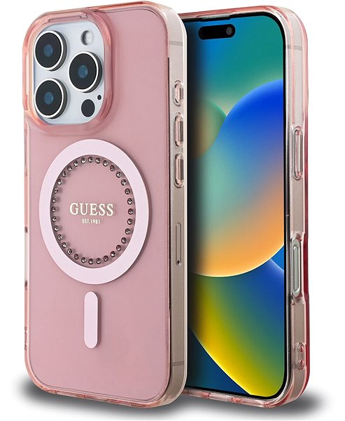 Handyhülle Guess IML Rhinestones Ring MagSafe Rückabdeckung für iPhone 16 Pro Max Pink ...