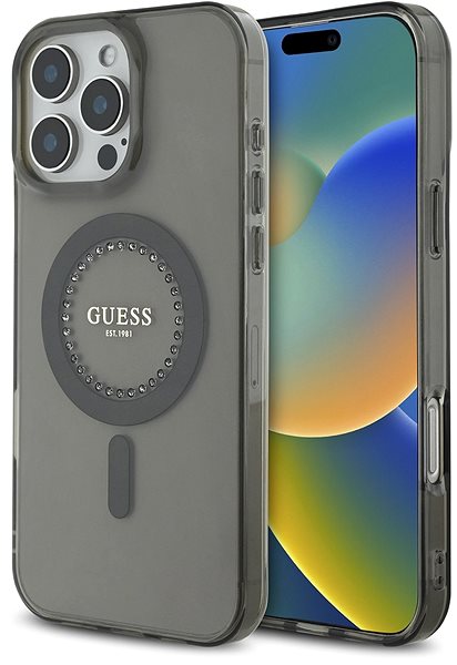 Telefon tok Guess IML Rhinestones Ring iPhone 16 Pro Max fekete MagSafe tok ...