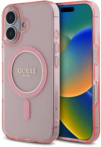 Telefon tok Guess IML Glitter Ring iPhone 16 rózsaszín MagSafe tok ...