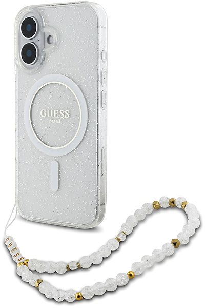 Handyhülle Guess IML Glitter Beads Strap MagSafe Back Cover für iPhone 16 Transparent ...