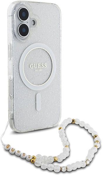 Handyhülle Guess IML Glitter Beads Strap MagSafe Back Cover für iPhone 16 Transparent ...