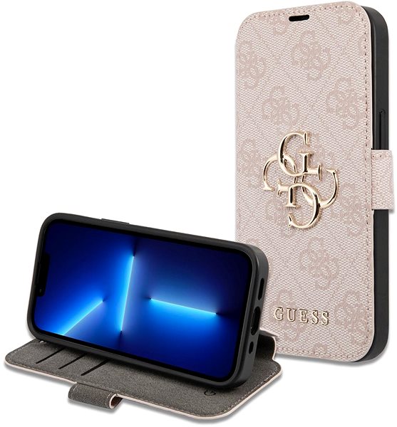 Mobiltelefon tok Guess PU 4G Metal Logo Book iPhone 15 rózsaszín tok ...