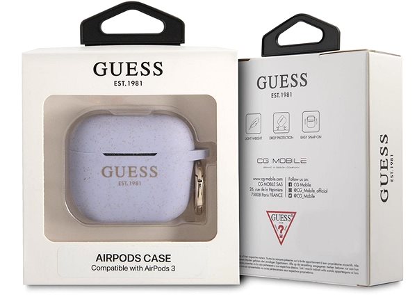 Fülhallgató tok Guess Glitter logó szilikon tok Apple Airpods 3 lila színű készülékhez Csomagolás/doboz