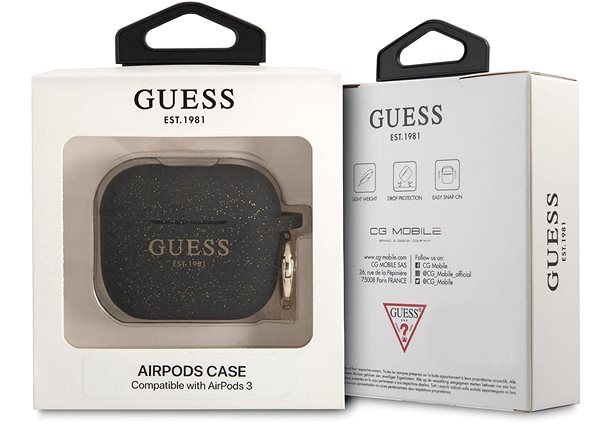 Puzdro na slúchadlá Guess Glitter Printed Logo Silikónové Puzdro pre Apple Airpods 3 Black Obal/škatuľka