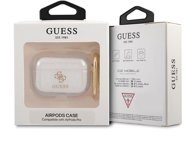 Fülhallgató tok Guess 4G TPU csillogó tok Apple Airpods Pro átlátszó Csomagolás/doboz