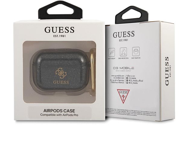 Fülhallgató tok Guess 4G TPU csillogó tok Apple Airpods Pro fekete készülékhez Csomagolás/doboz