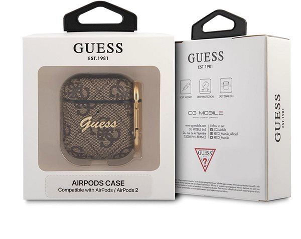 Kopfhörer-Hülle Guess 4G Script PC/PU Tasche für Apple Airpods 1/2 braun Verpackung/Box