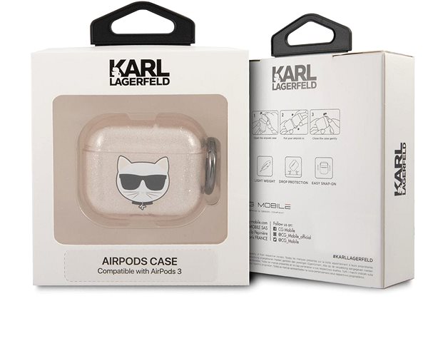 Puzdro na slúchadlá Karl Lagerfeld TPU Glitter Choupette Head Puzdro pre Apple Airpods 3 Gold Obal/škatuľka