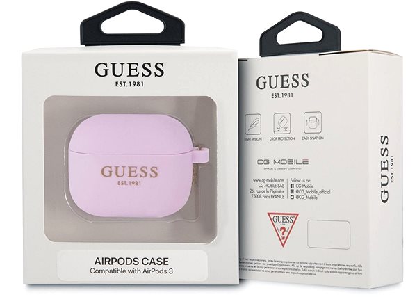 Fülhallgató tok Guess 4G Charms Szilikon tok az Apple Airpods 3-hoz Purple Csomagolás/doboz